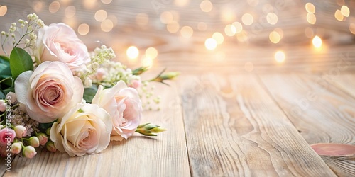 Luxury Floral Scents: Minimalist Flat Lay with Soft Bokeh Background on Wooden Texture