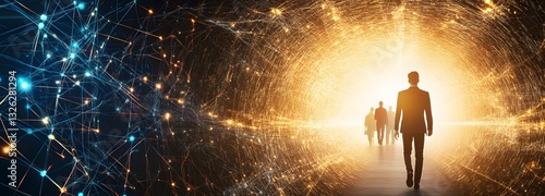 Navigating the Digital Realm: A forward-thinking visual suggesting individuals journeying through a network. The image explores digital networks, innovation, and futuristic concepts.