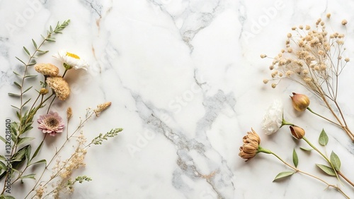 Minimalist Flat Lay: Feminine Botanicals & Marble Texture - Perfect for Blog, Social Media, or Branding