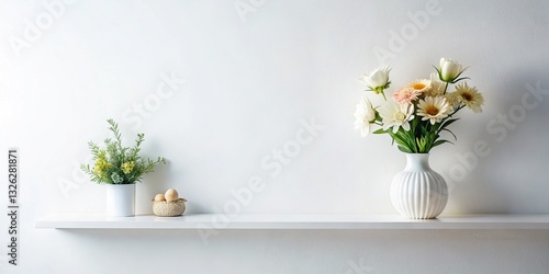 Wallpaper Mural Minimalist Luxury Flower Shelf Flat Lay with Copy Space - White Background Stock Photo Torontodigital.ca