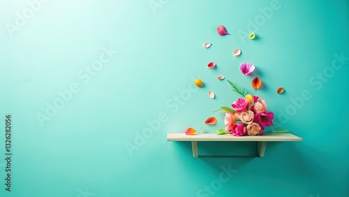Minimalist Petal Shelf: Fresh Flower Flat Lay with Copy Space