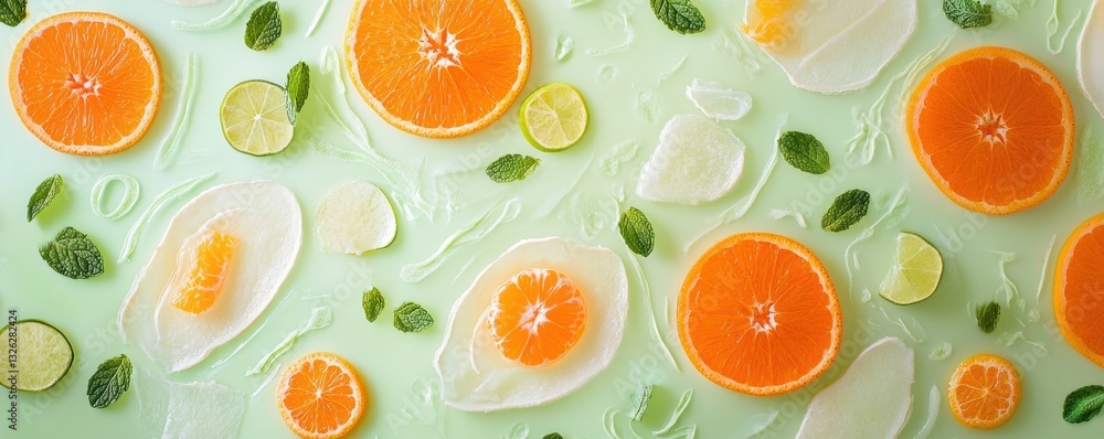 Citrus slices & mint on mint-green backdrop Citrus slices & mint on mint-green backdrop