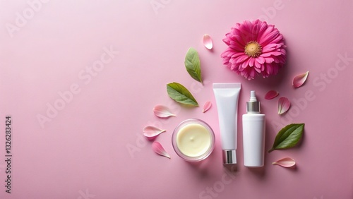 Radiant Petal Flat Lay:  Floral Beauty Product Still Life on Solid Background