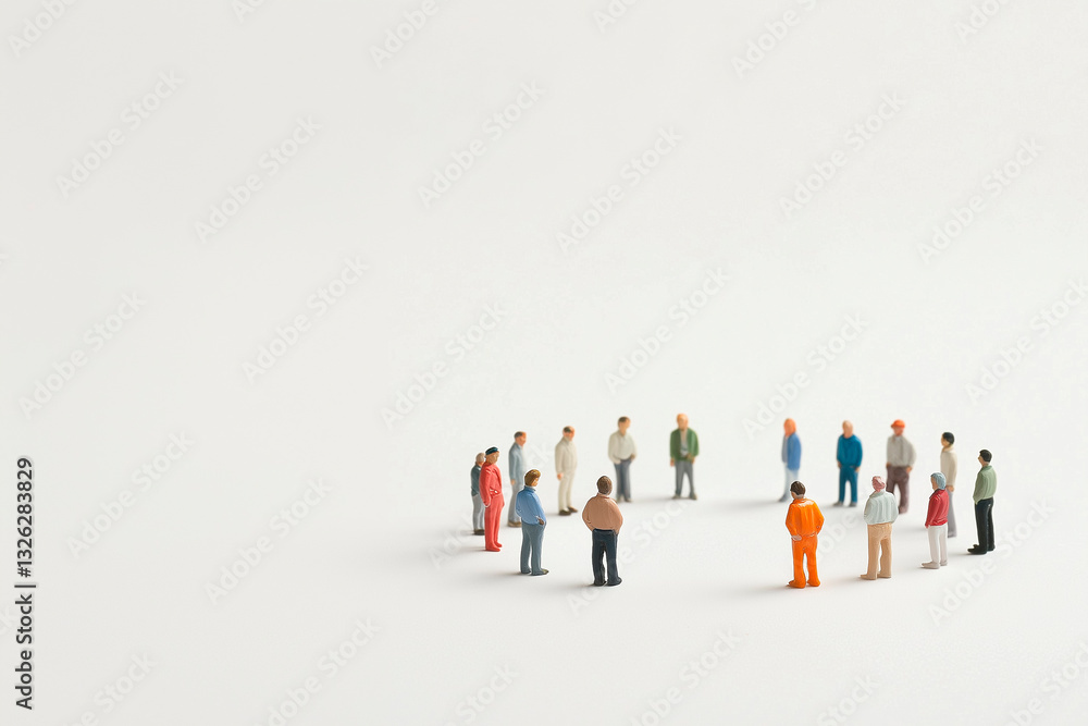 a studio photograph of miniature people representing different professions and ethnicities, miniature people standing in a circle facing inward, clean minimalistic photo, white background a studio photograph of miniature people representing different professions and ethnicities, miniature people standing in a circle facing inward, clean minimalistic photo, white background