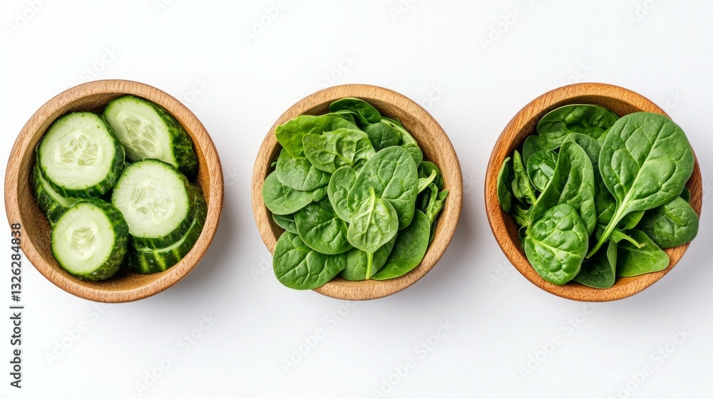 Three bowls of green vegetables, including cucumbers and spinach Three bowls of green vegetables, including cucumbers and spinach
