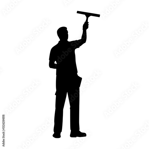 Window cleaner silhouette cleaning windows with squeegee