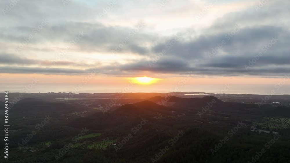 Sunrise drone view over mountains and sea at sant salvador on Mallorca Sunrise drone view over mountains and sea at sant salvador on Mallorca