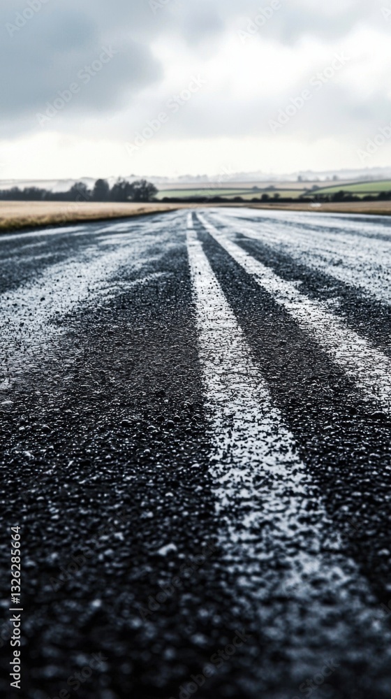 Naklejka premium Wet road with stop sign reflecting rainwater under overcast sky in urban environment