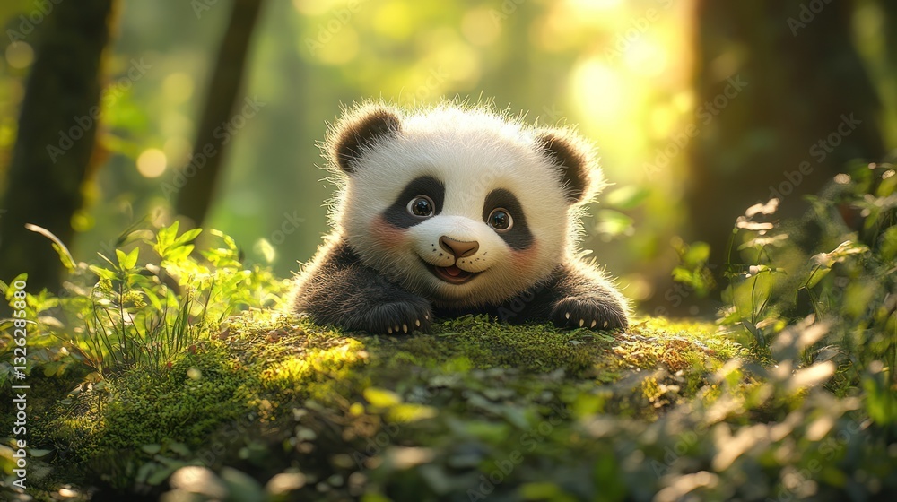 Obraz premium A baby panda rolling down a small hill playfully