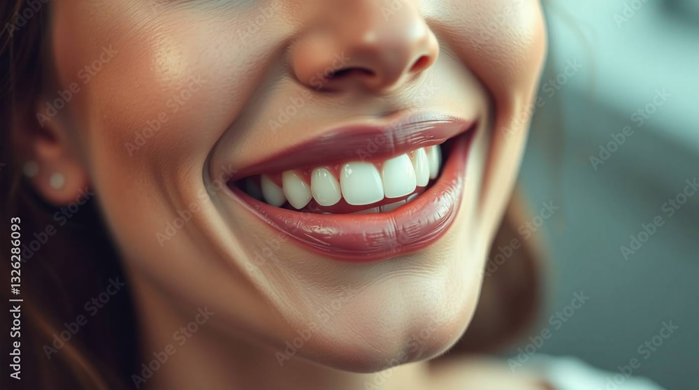 Obraz premium Closeup of smiling young woman with healthy teeth. Portrait of beautiful female model.