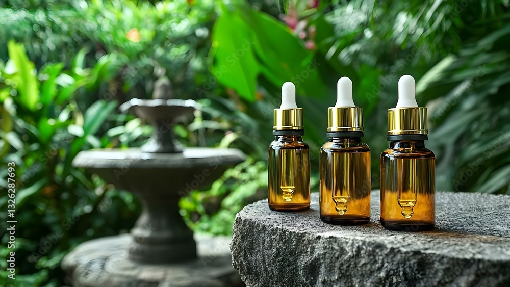 Three amber glass dropper bottles are placed on a stone surface in a lush garden setting with a fountain in the background. Concept Amber Glass Bottles, Garden Setting, Fountain Background Three amber glass dropper bottles are placed on a stone surface in a lush garden setting with a fountain in the background. Concept Amber Glass Bottles, Garden Setting, Fountain Background
