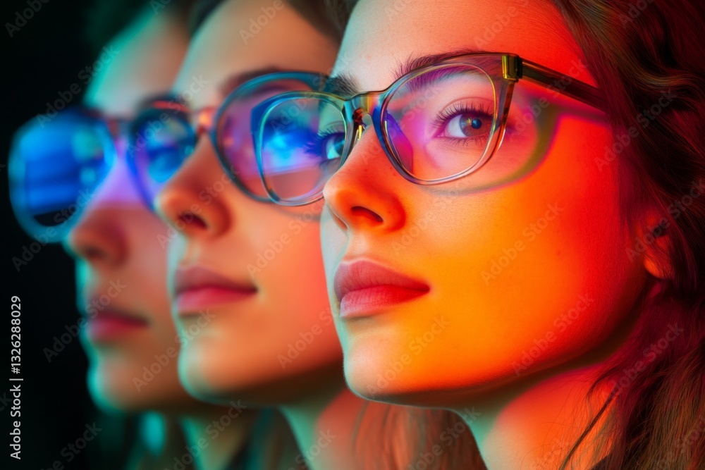 Three portraits of a woman with glasses illuminated by colorful lights in an artistic arrangement Three portraits of a woman with glasses illuminated by colorful lights in an artistic arrangement