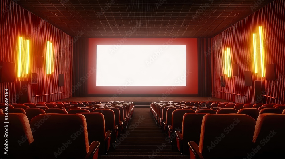 An atmospheric movie theater interior with a glowing blank screen and stylish acoustic paneling. An atmospheric movie theater interior with a glowing blank screen and stylish acoustic paneling.