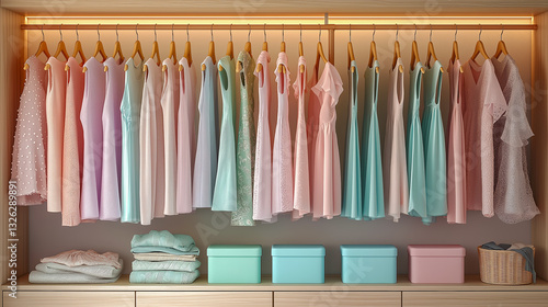 Pastel colored children's clothes in a row on an open hanger indoors. Clothes for little ladies hanging in a children's room. Turquoise and pastel pink, lavender, mint, blue, colors.