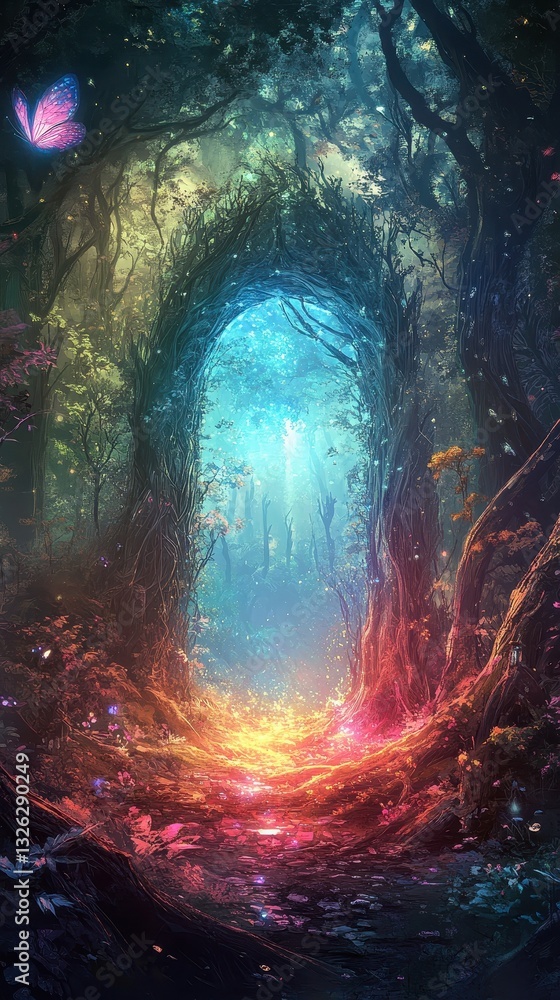Fototapeta premium A mystical enchanted forest pathway leads towards the light