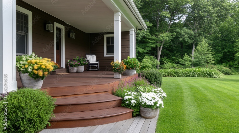 Obraz premium Beautiful Home Exterior Featuring Cozy Porch, Lush Green Lawn, Decorative Planters, and Inviting Atmosphere
