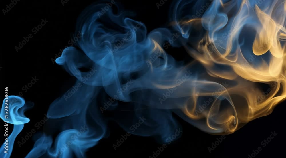 Abstract swirling blue and orange smoke on a black background, representing contrast, energy, and fluid motion Abstract swirling blue and orange smoke on a black background, representing contrast, energy, and fluid motion