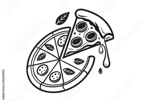 Pizza  Vector depict various artistic pizza designs, each featuring a whole pizza with a slice being removed. The dripping cheese and bold linework create a modern, stylish, and slightly vintage aesth