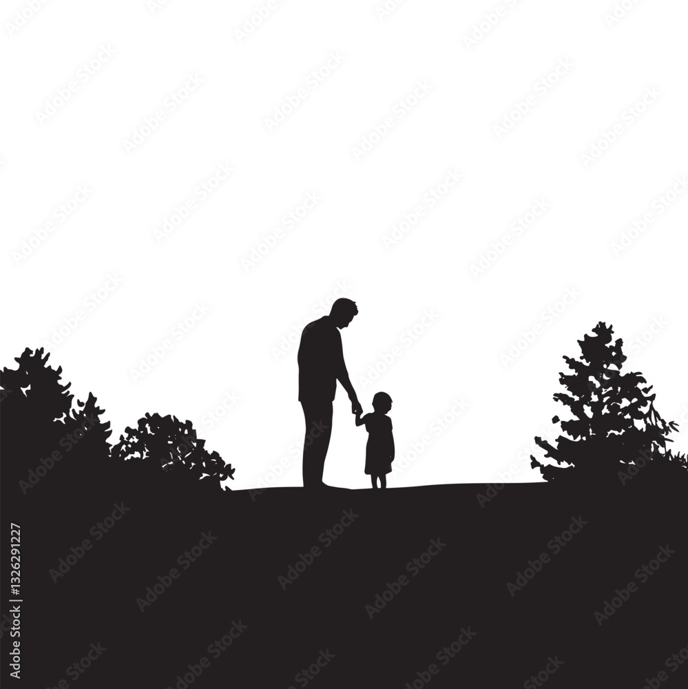 Family walking in the park at sunset with silhouettes of trees and people Family walking in the park at sunset with silhouettes of trees and people