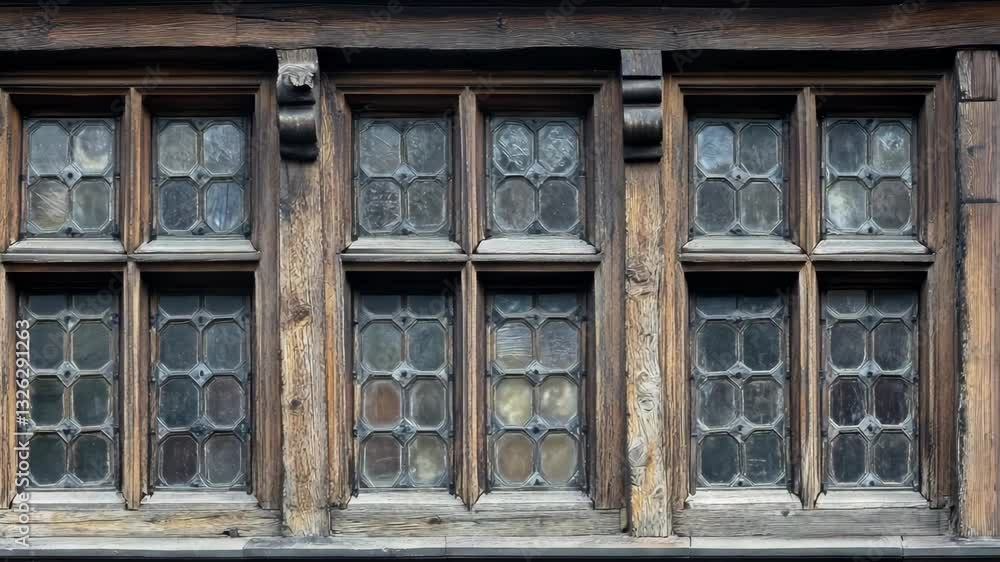Historic wooden window frames with intricate glass designs in a vintage building during daylight