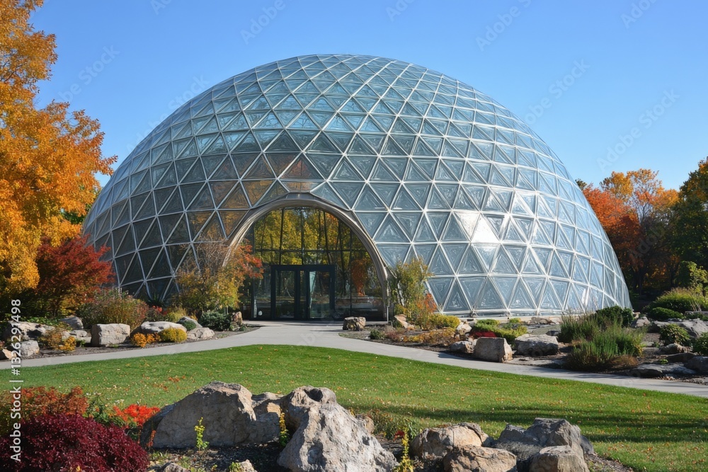 Fototapeta premium Unique geodesic dome structure surrounded by lush gardens and vibrant autumn foliage in a botanical setting