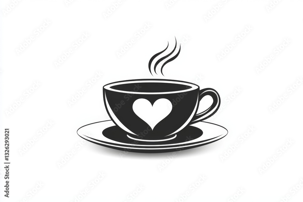 Warm coffee cup with heart design sits on a saucer, emitting steam in a cozy, inviting atmosphere Warm coffee cup with heart design sits on a saucer, emitting steam in a cozy, inviting atmosphere