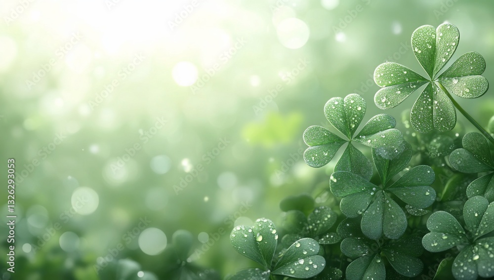 Fototapeta premium Close up of Clover with dew drops in a meadow background for St. Patrick's Day