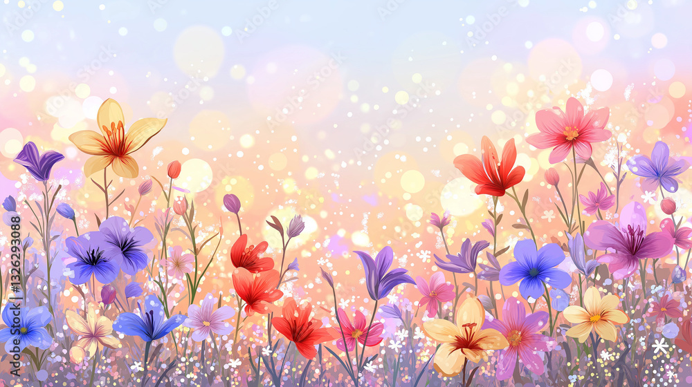 Obraz premium Wildflower meadow glowing under soft sunset light, featuring colorful blossoms spreading across lush landscape with golden evening warmth enveloping vibrant botanical scene