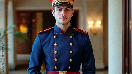Elegant hotel bellboy in uniform standing proudly in a luxurious lobby during the early evening, Elegant hotel bellboy man