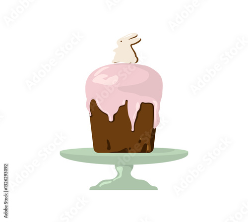Easter cake, traditional kulich. Sweet bakery for Orthodox holiday, decorated with icing. Festive glazed food. Homemade dessert with frosting. Flat vector illustration isolated on white background.
