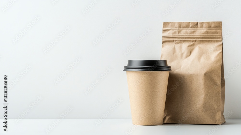 a coffee cup and a paper bag on a flat surface. a coffee cup and a paper bag on a flat surface.