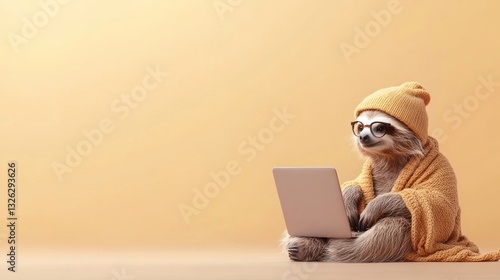 a sloth wearing glasses and a hat, working on a laptop