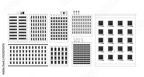 Highrise buildings in variety of architectural styles with antennas 2D line objects set. Downtown office apartments isolated cliparts vector ink outline items. Monochrome spot illustrations collection