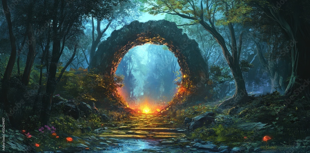 Fototapeta premium A pathway to the glowing portal in a serene forest setting