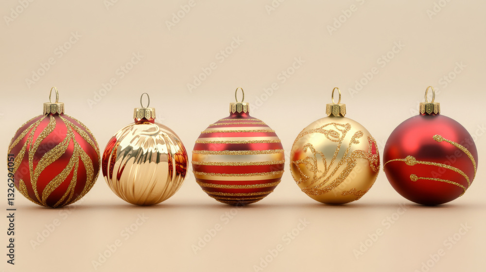 Luxurious red and gold Christmas ornaments with glitter details, festive holiday baubles, elegant seasonal decor, stylish winter decorations, modern minimalist background, New Year celebration Luxurious red and gold Christmas ornaments with glitter details, festive holiday baubles, elegant seasonal decor, stylish winter decorations, modern minimalist background, New Year celebration