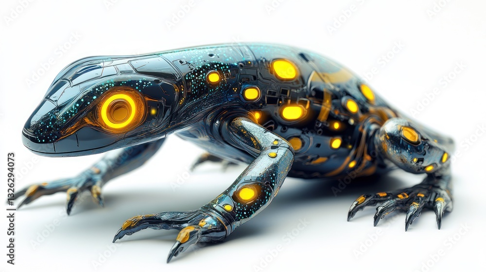 A cybernetic lizard with a metallic, streamlined body, pulsating neon yellow LED spots, on a pure white background A cybernetic lizard with a metallic, streamlined body, pulsating neon yellow LED spots, on a pure white background