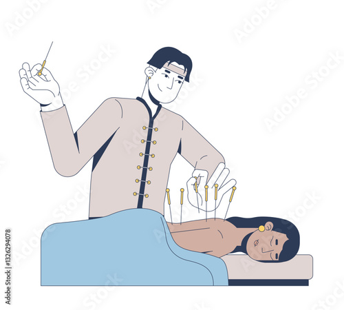 Acupuncture therapy for holistic healing 2D vector illustration. Tcm practitioner placing needles along female patient back flat characters isolated on white background. Colorful cartoon image