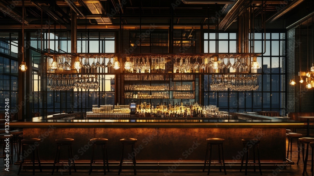 Rows of pristine stemware hanging inverted on industrial brass racks, backlit by golden Edison bulbs creating dramatic glass reflections, weathered copper bar top with leather bar stools visible in Rows of pristine stemware hanging inverted on industrial brass racks, backlit by golden Edison bulbs creating dramatic glass reflections, weathered copper bar top with leather bar stools visible in