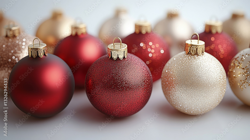 Elegant Christmas ornaments with gold caps, red and white festive baubles, sparkling holiday decorations, winter celebration decor, luxury seasonal background, soft bokeh lights Elegant Christmas ornaments with gold caps, red and white festive baubles, sparkling holiday decorations, winter celebration decor, luxury seasonal background, soft bokeh lights