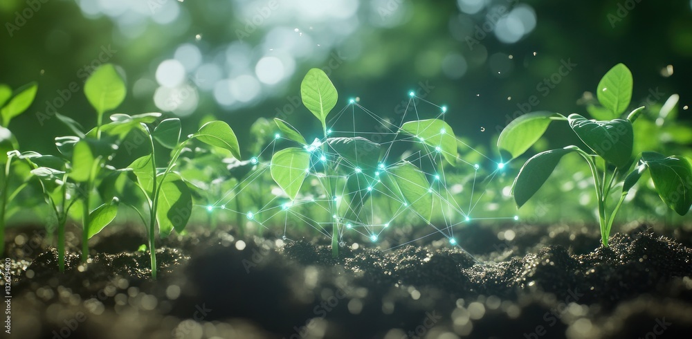 Connected seedlings in soil, nature background, technology Connected seedlings in soil, nature background, technology