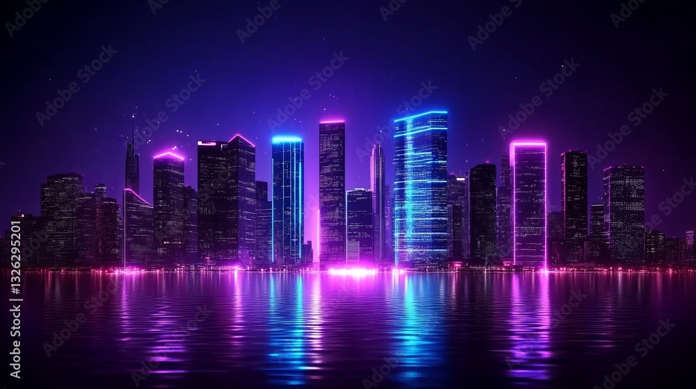 Fototapeta premium Futuristic neon cityscape at night with reflective waterfront and vibrant skyscrapers