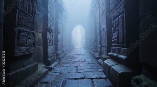 Ancient stone pathway shrouded in mist mystical atmosphere engraved walls mysterious passage