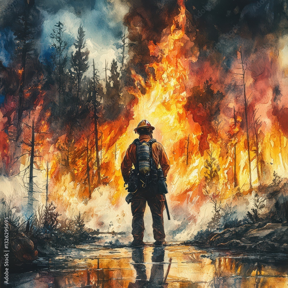 Watercolor Firefighter Standing Tall Amidst the Destructive Wildfires Blaze Watercolor Firefighter Standing Tall Amidst the Destructive Wildfires Blaze