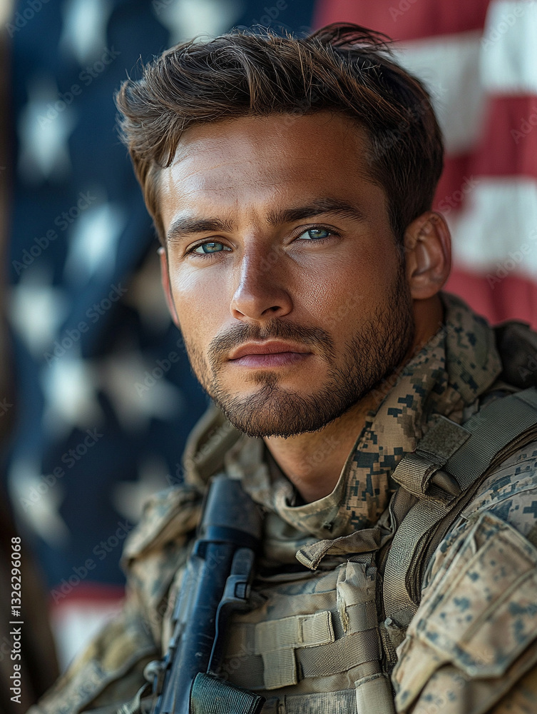 Fototapeta premium Portrait of a soldier with American flag backdrop