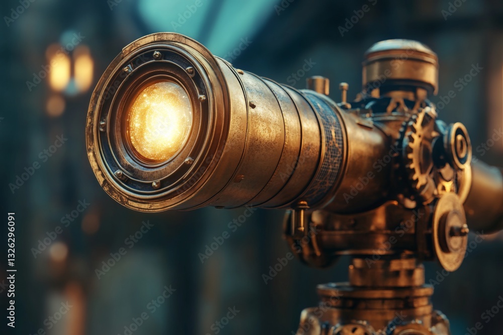 Bronze telescope with intricate gears shines brightly in a dimly lit, steampunk-styled room during evening hours Bronze telescope with intricate gears shines brightly in a dimly lit, steampunk-styled room during evening hours