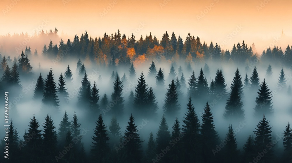 Obraz premium Misty pine forest at sunrise with fog and autumn colors