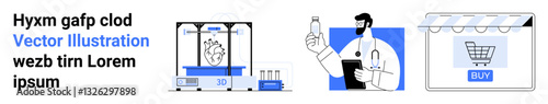 3D printing heart model, researcher with vial, and online store interface with a shopping cart. Ideal for biotechnology, healthcare, research, medicine, online shopping, innovation flat landing page