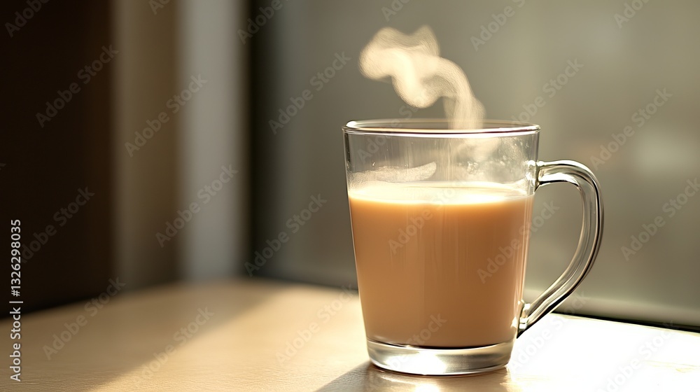 Steaming hot beverage in clear glass mug on sunlit table Steaming hot beverage in clear glass mug on sunlit table