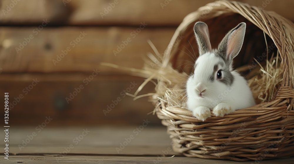 Obraz premium Adorable baby rabbit in woven basket resting on wooden floor