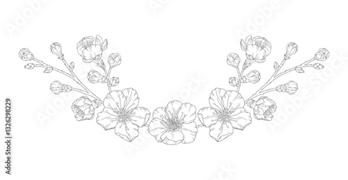 Beautiful vignette of apricot blossom branch in a graceful thin line. Japanese sakura flowers frame outline. Hand drawn sketch of cherry, plum, or peach blossom branch. Vector illustration
